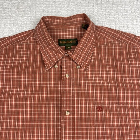 Timberland Men's 2XL Button Down Long Sleeve Orange Gingham Plaid Shirt Vintage - Picture 8 of 16